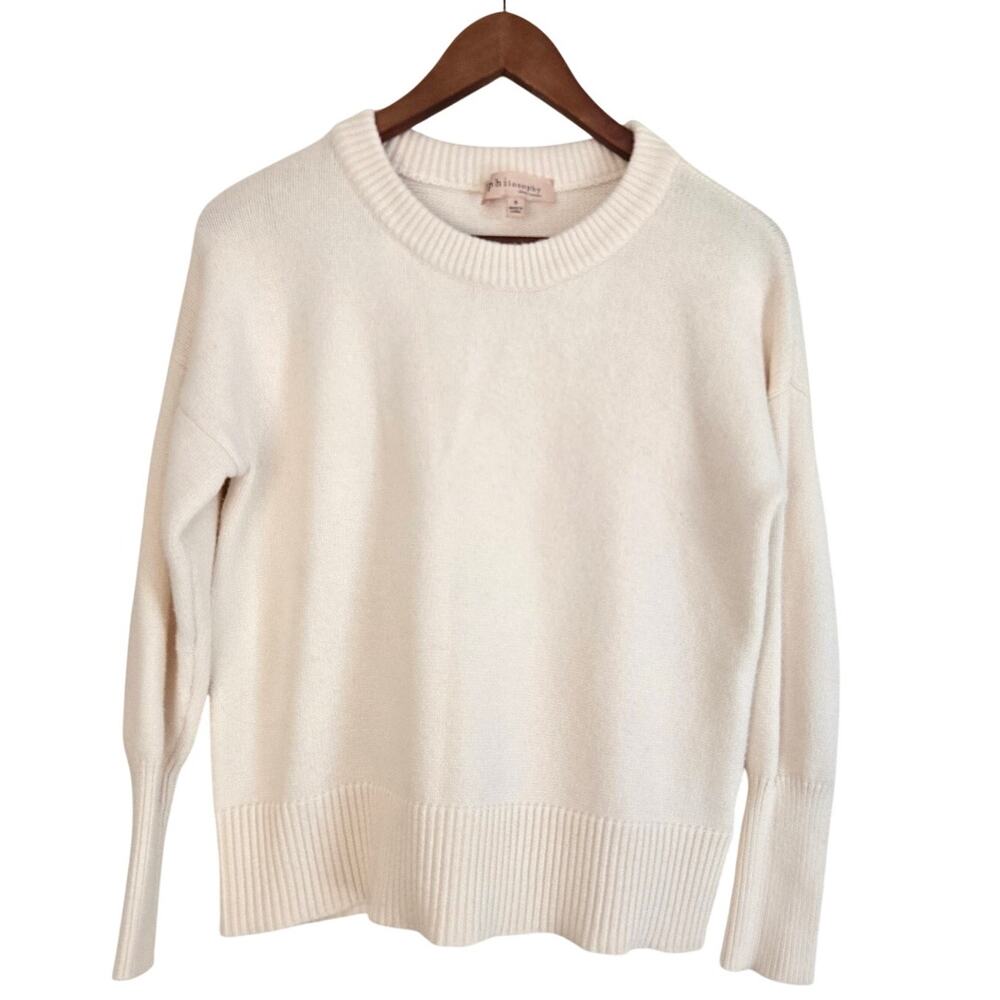 Elevated Basic Philosophy Cream Crewneck Knit Sweater Ribbed Cuffs Minimalist S